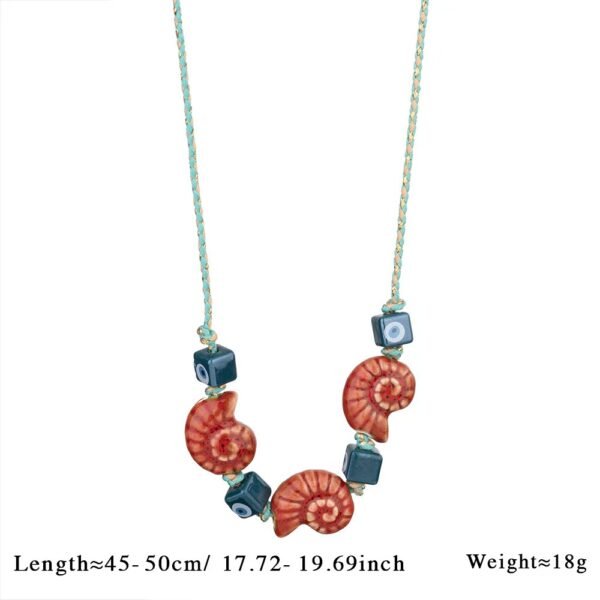 Conch Ceramic Necklace, Blue - Green Braided Rope with Cube Beads